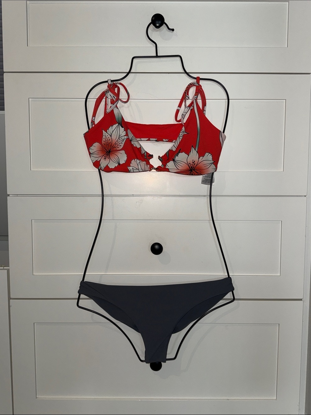 Roxy Red Floral Tie-Shoulder Bikini Top with Gray Bottom - Women Swim
